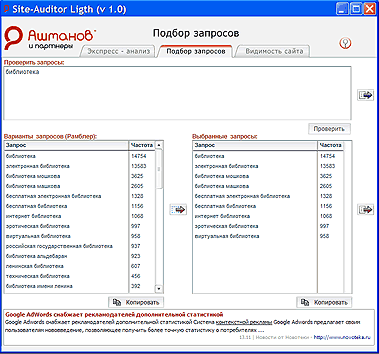 Site Auditor - оценка видимости сайта в Рунете